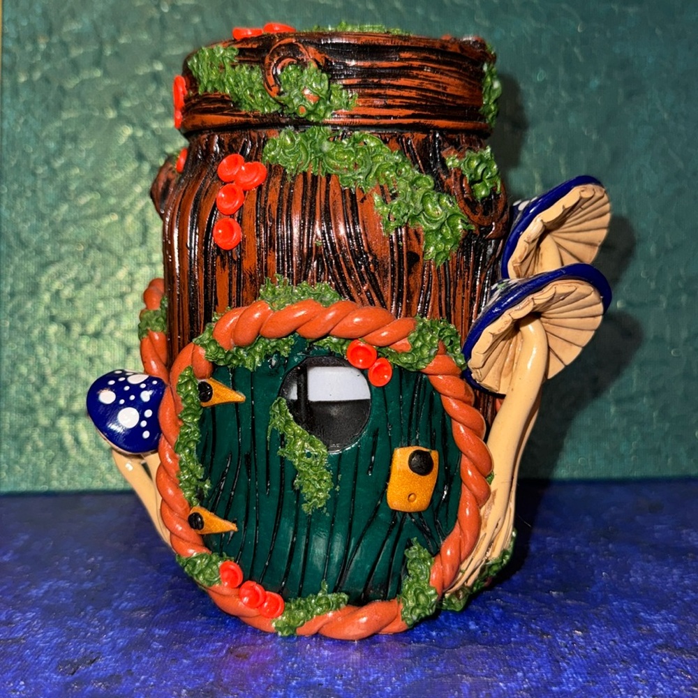 Fairy Hobbit Mushroom Home Jar Candle Holder Decoration Nature Lichen